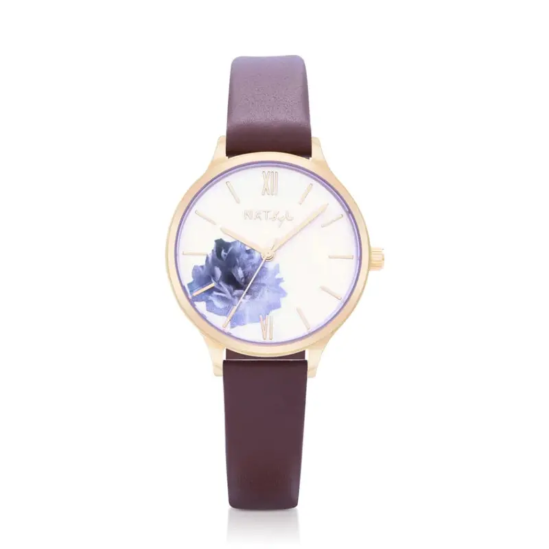 Natbyj Blossom White Dial Dark Brown Leather Strap Women Watch Nat1005 1