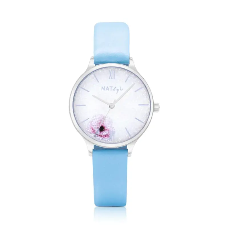 Natbyj Dazzle White Dial Blue Leather Strap Women Watch Nat0203 1