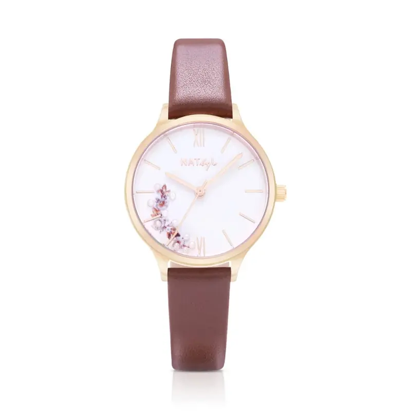 Natbyj First Love White Dial Brown Leather Strap Women Watch Nat0605 1