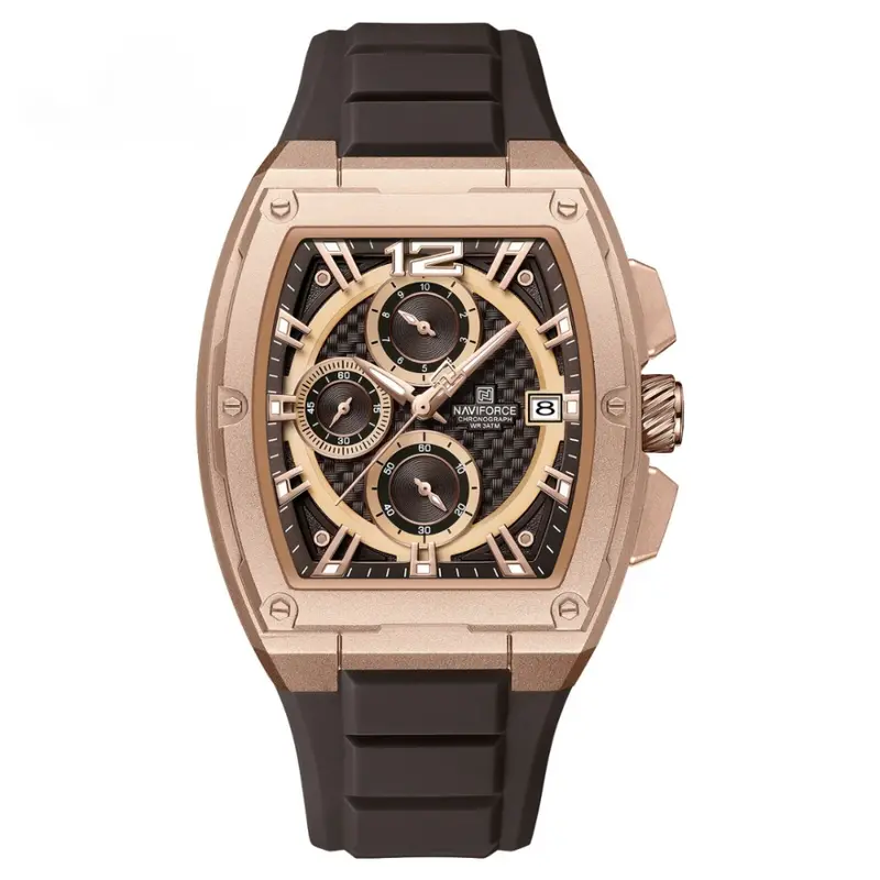 Naviforce Barrel-Shaped Brown Fumed Silica Strap Men's Watch Nf8050 Rg/Rg/Ce 1