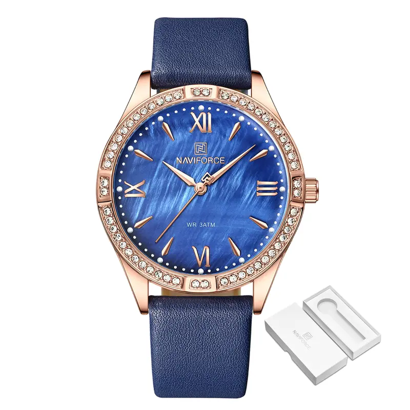 Naviforce Blue Dial Leather Strap Women Watch Nf5038 Rg/D.Be 1