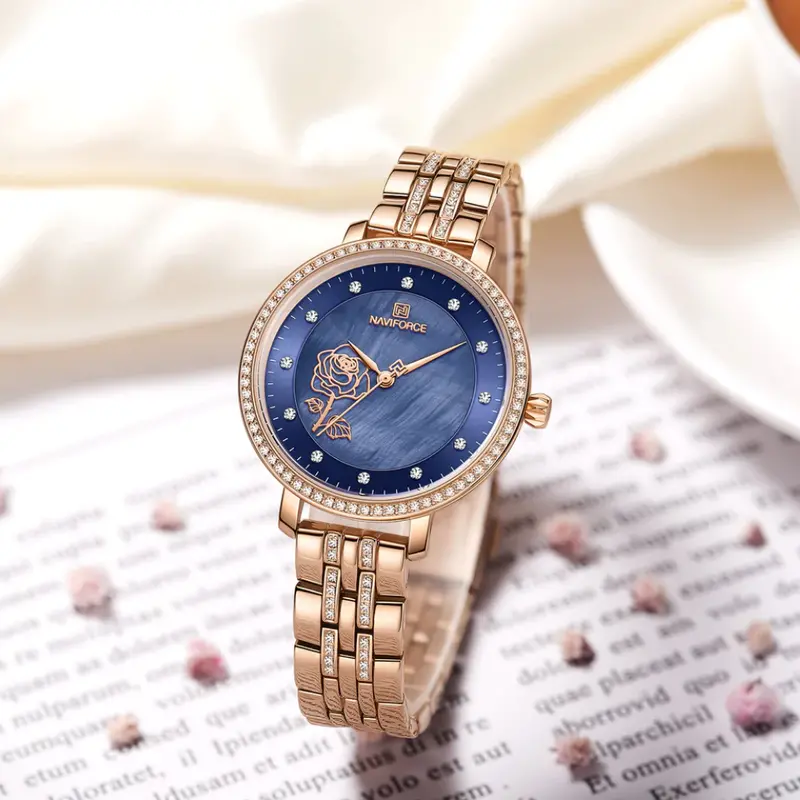 Naviforce Blue Dial Rose Gold Stainless Steel Strap Women Watch Nf5017 Rg/Be 2