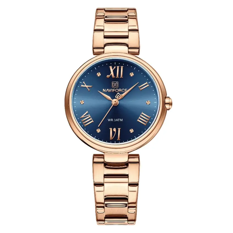 Naviforce Blue Dial Rose Gold Stainless Steel Strap Women Watch Nf5030 Rg/Be 1