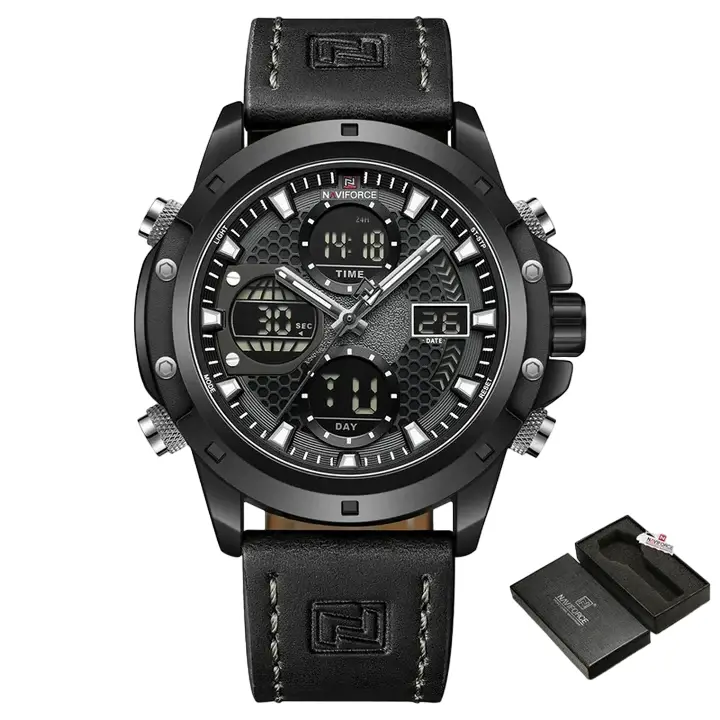 Naviforce Digital-Analogue Black Leather Strap Men Watch Nf9225 B/Gy/B 1