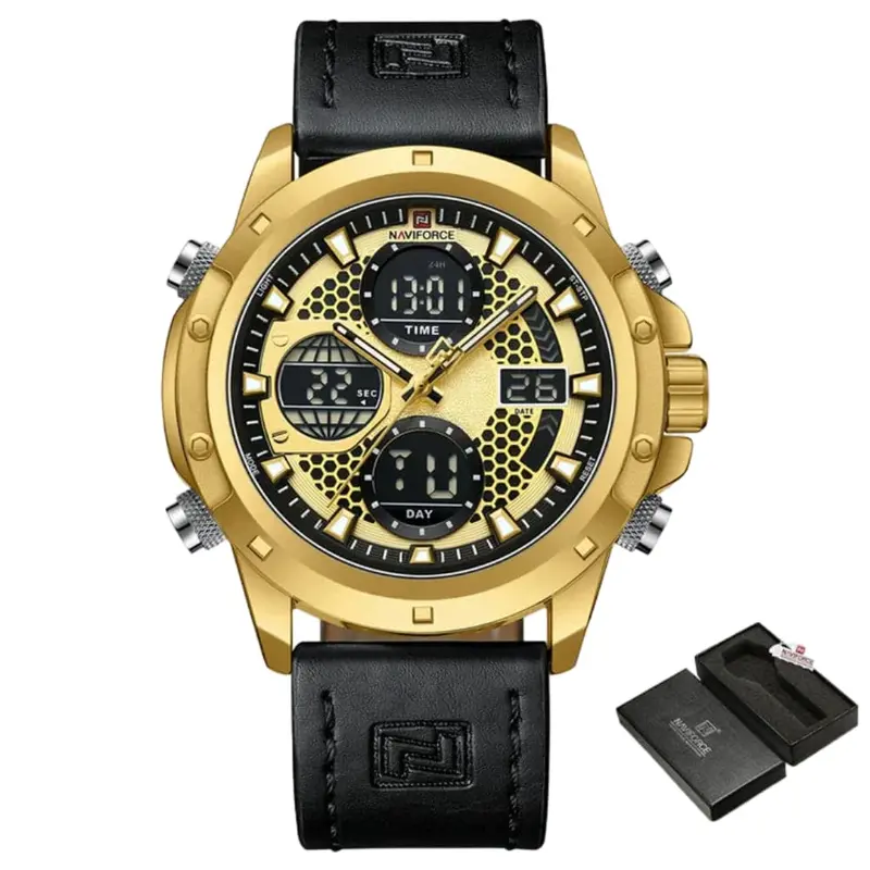 Naviforce Digital-Analogue Black Leather Strap Men Watch Nf9225 G/G/B 1