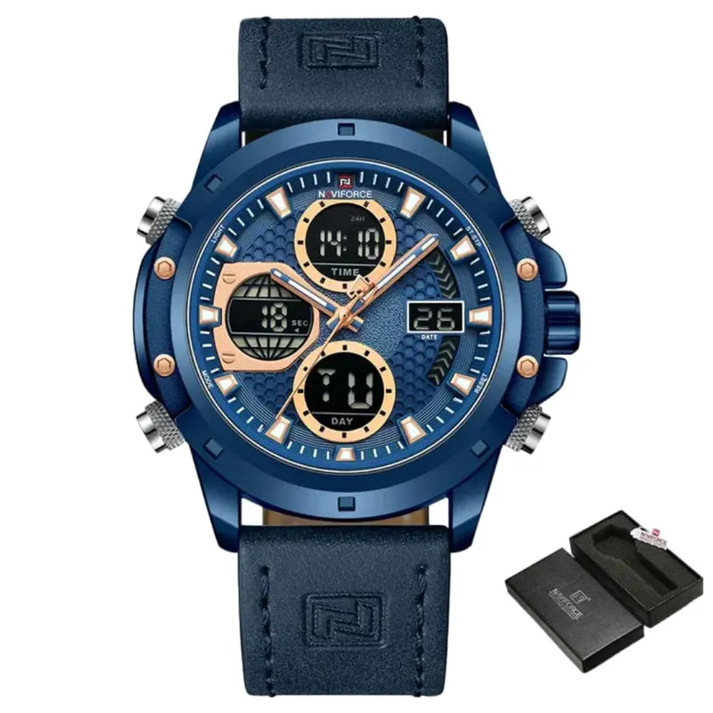 Naviforce Digital-Analogue Blue Leather Strap Men Watch Nf9225 Be/Be/Be 1