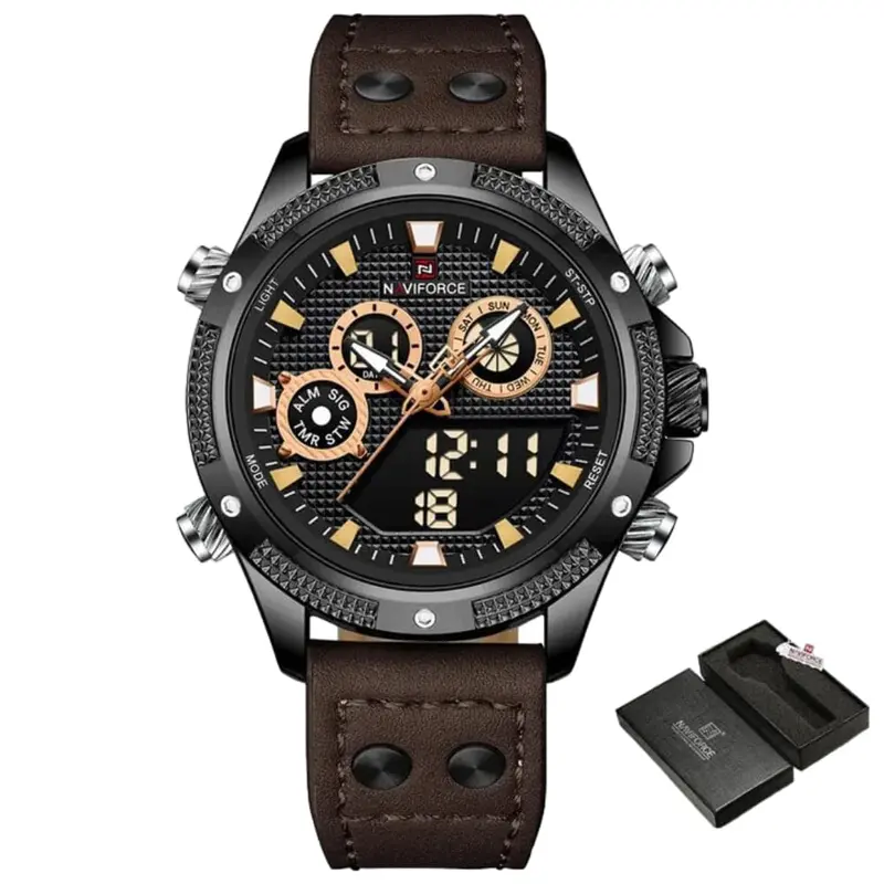 Naviforce Digital-Analogue Brown Leather Strap Men Watch Nf9224 B/B/D.Bn 1