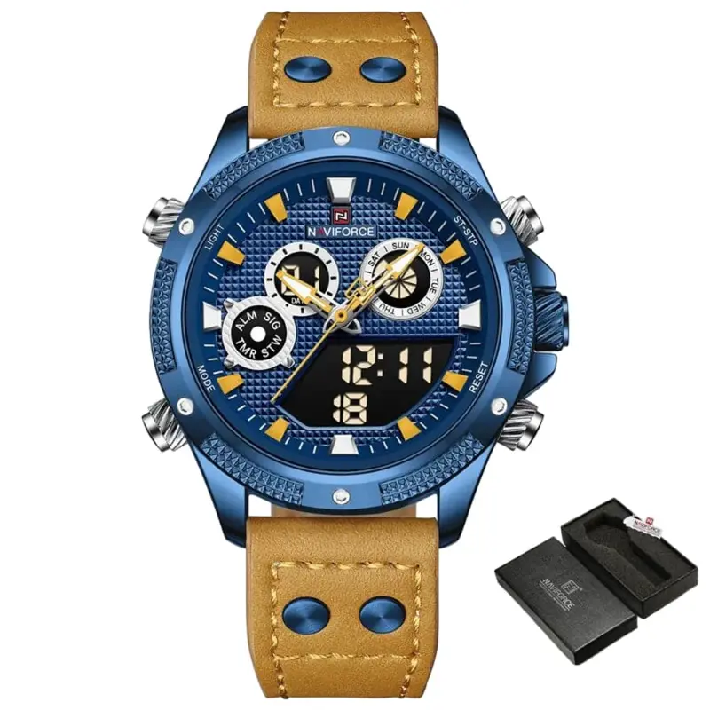 Naviforce Digital-Analogue Brown Leather Strap Men Watch Nf9224 Be/Be/Y.Bn 1