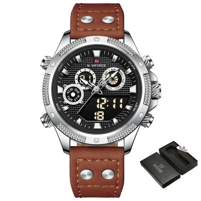 Naviforce Digital-Analogue Brown Leather Strap Men Watch Nf9224 S/B/O.Bn 1