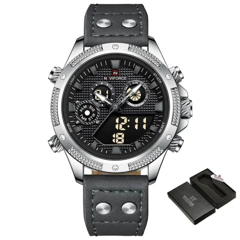 Naviforce Digital-Analogue Grey Leather Strap Men Watch Nf9224 S/B/Gy 1