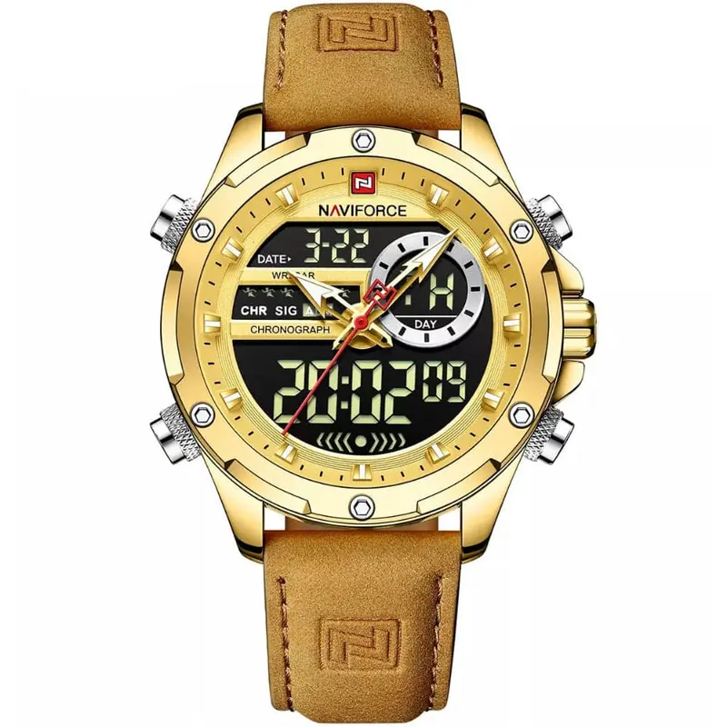 Naviforce Digital Brown Leather Strap Men Watch Nf9208 G/G/L.Bn 1