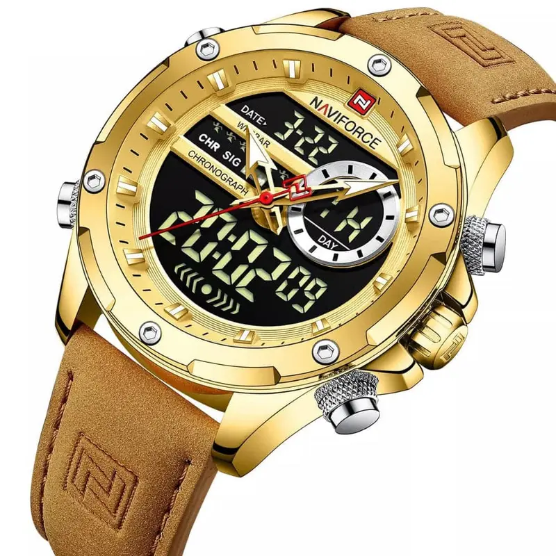 Naviforce Digital Brown Leather Strap Men Watch Nf9208 G/G/L.Bn 2