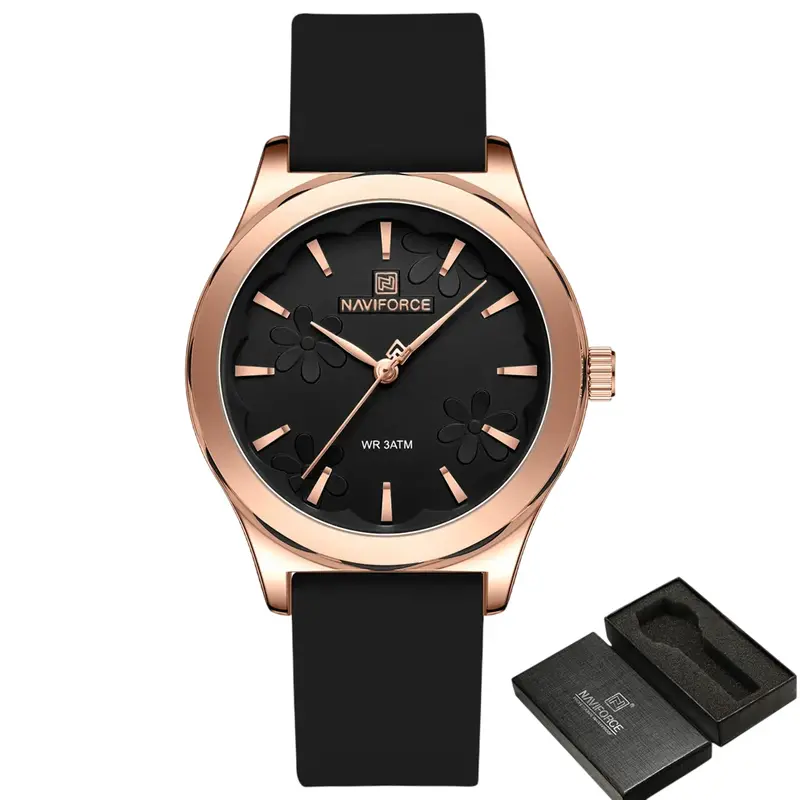 Naviforce Fashion Black Women's Watch - Silicone Strap | Nf5051 Rg/B/B 1
