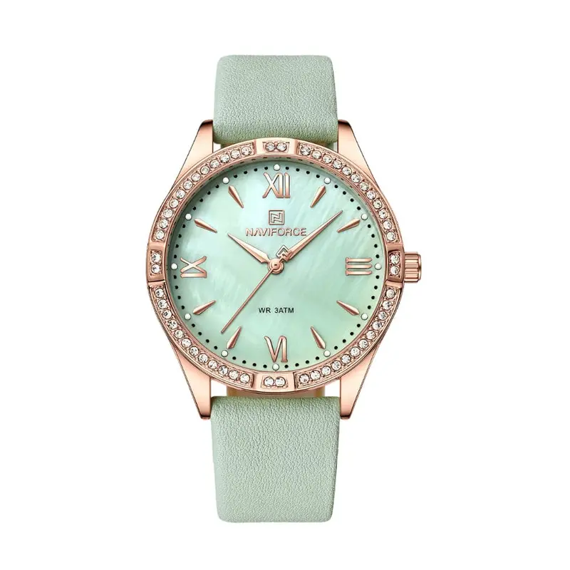 Naviforce Green Dial Leather Strap Women Watch Nf5038 Rg/Gn 1