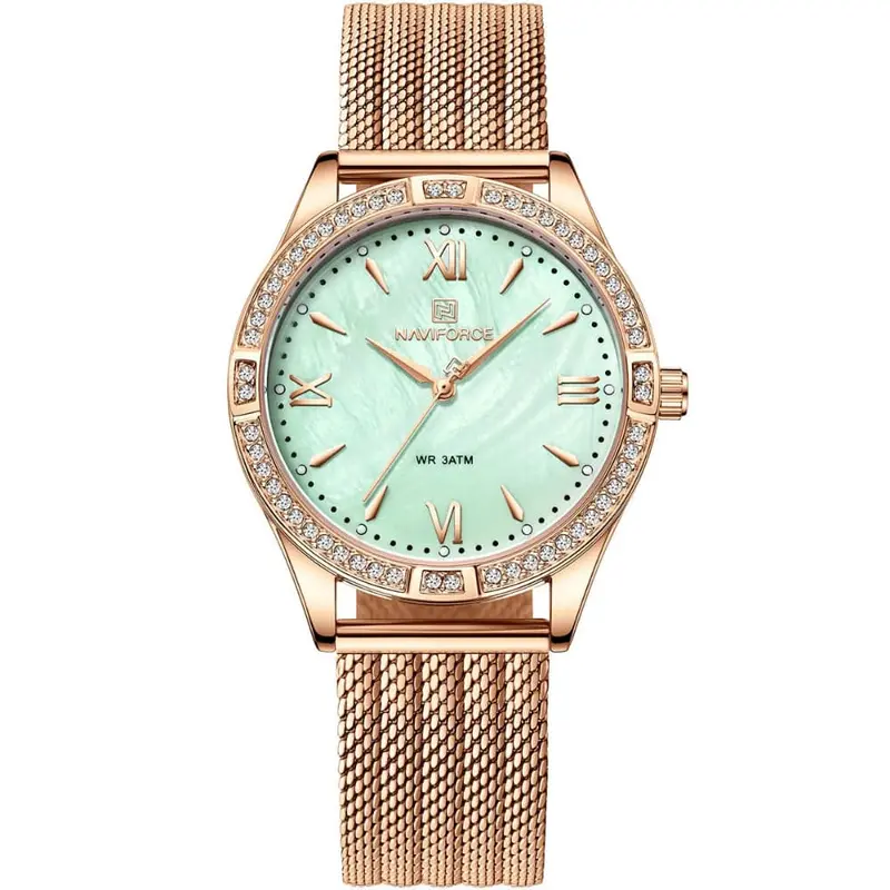 Naviforce Green Dial Rose Gold Milanese Strap Women Watch Nf5028 Rg/Gn 1