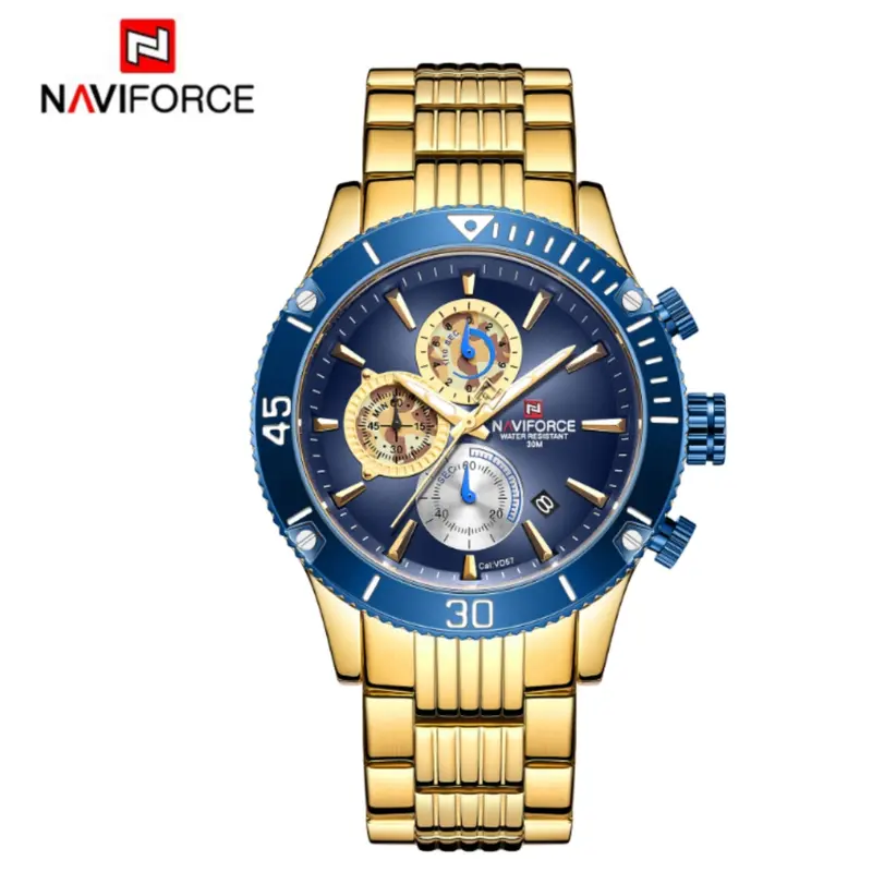 Naviforce Nf9173 G/Be Multifunction Calendar Blue Dial Gold Stainless Steel Men's Watch 1