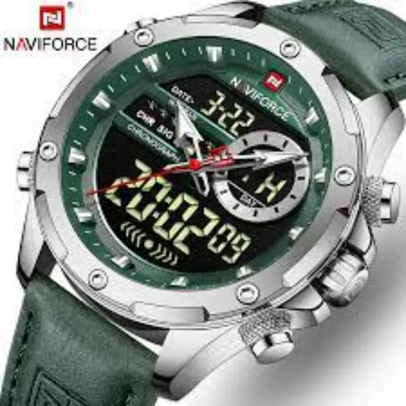 Naviforce Nf9208 S/Gn/Gn  Dual Display Quartz Analog Lcd Digital Waterproof Zinc Alloy Leather Strap Men's Watch 1