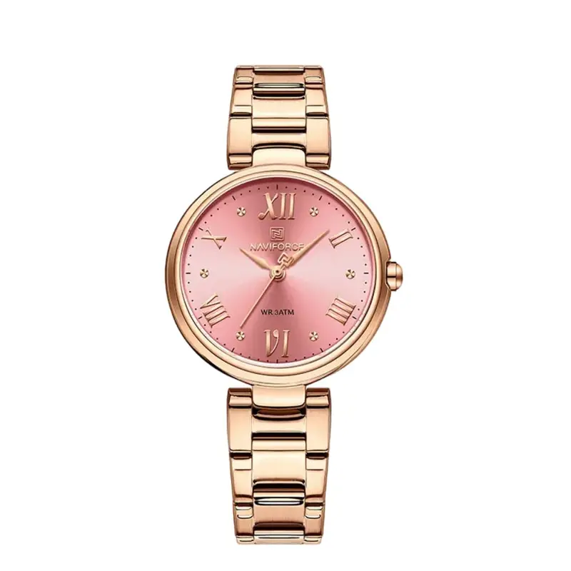 Naviforce Pink Dial Gold Stainless Steel Strap Women Watch Nf5030 Rg/R 1