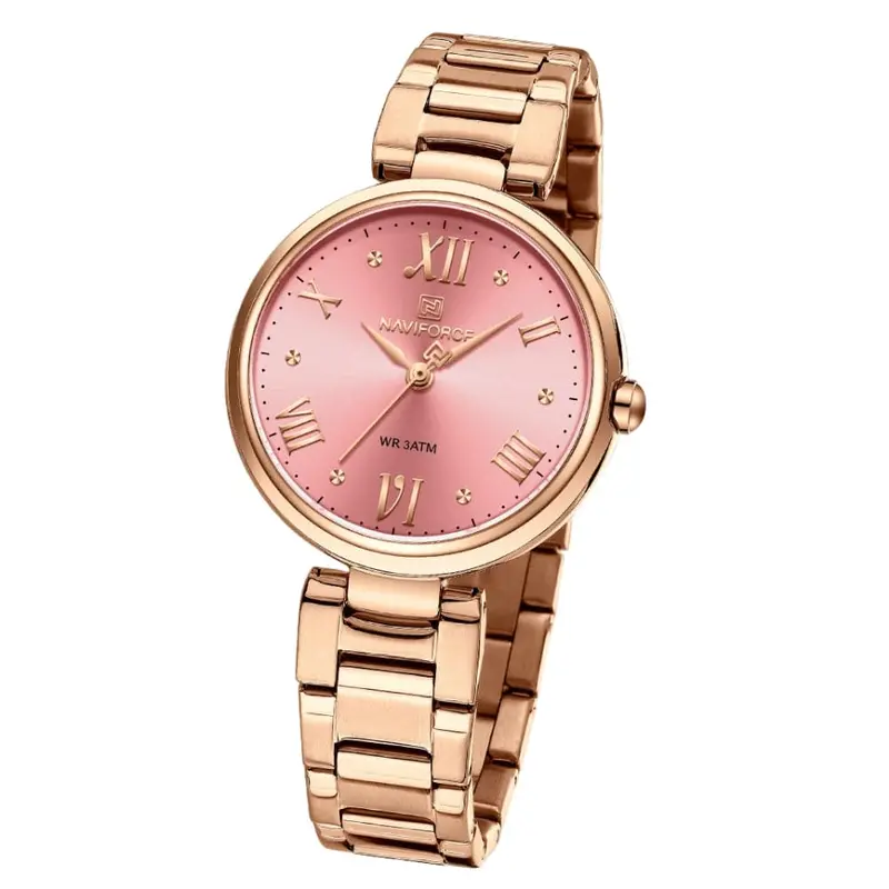 Naviforce Pink Dial Gold Stainless Steel Strap Women Watch Nf5030 Rg/R 2