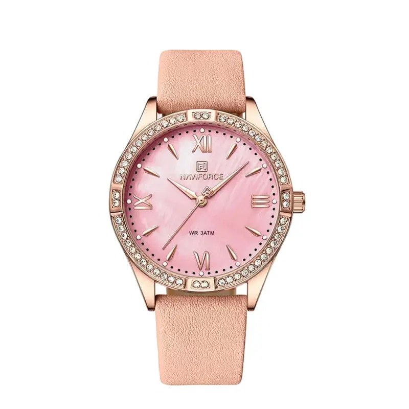 Naviforce Pink Dial Leather Strap Women Watch Nf5038 Rg/R 1