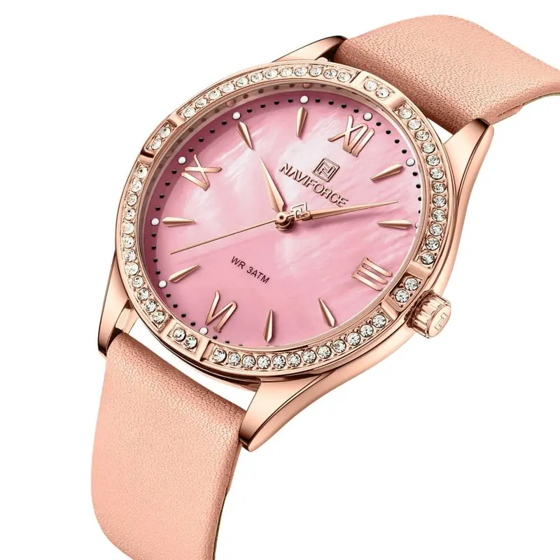 Naviforce Pink Dial Leather Strap Women Watch Nf5038 Rg/R 2