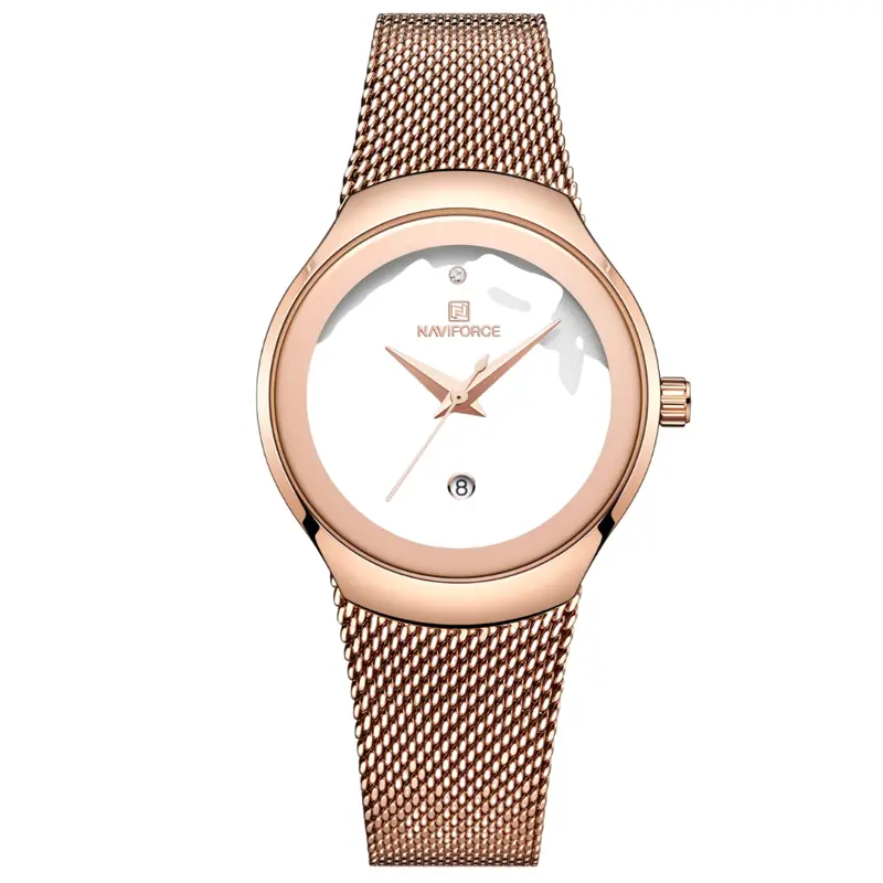 Naviforce Rose Gold Mesh Stainless Steel Strap Women's Watch - Date Display | Nf5004 Rg/W 1