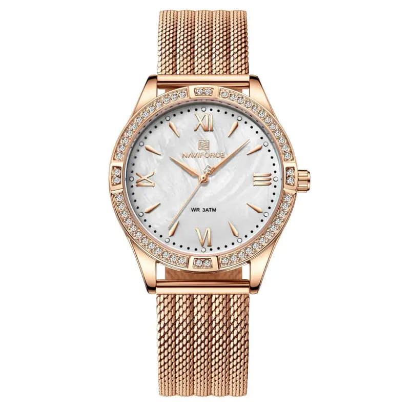 Naviforce Silver Dial Rose Gold Milanese Strap Women Watch Nf5028 Rg/W 1