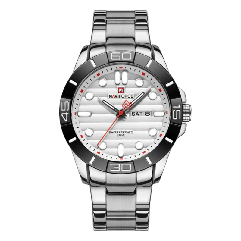 Naviforce White Dial Silver Stainless Steel Strap Men Watch Nf9198 S/W 1
