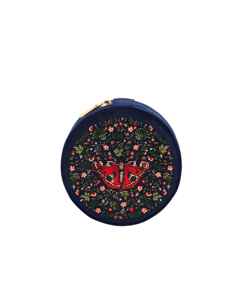 Navy Butterfly Velvet Embroidered Circle Jewellery Box 1