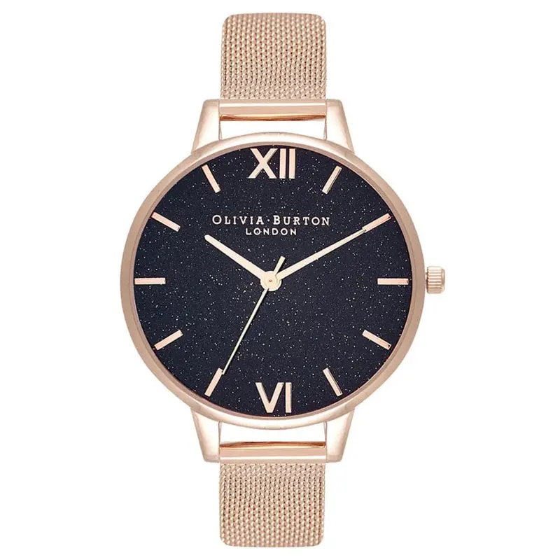 Olivia Burton Black Gliter Dial Rose Gold Milanese Strap Women Watch Ob16gd76 1