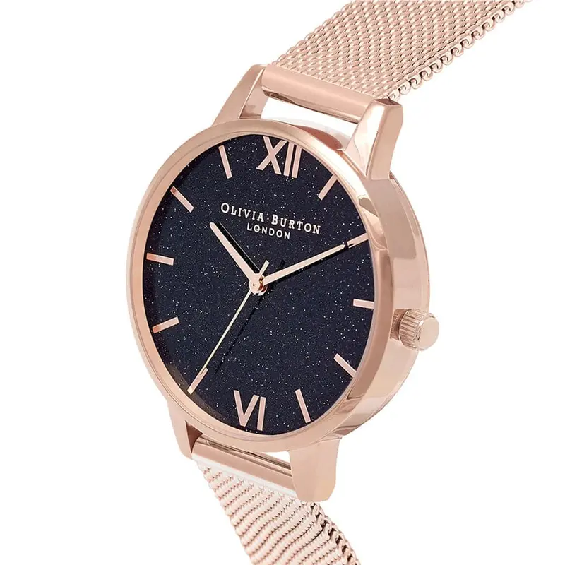 Olivia Burton Black Gliter Dial Rose Gold Milanese Strap Women Watch Ob16gd76 2