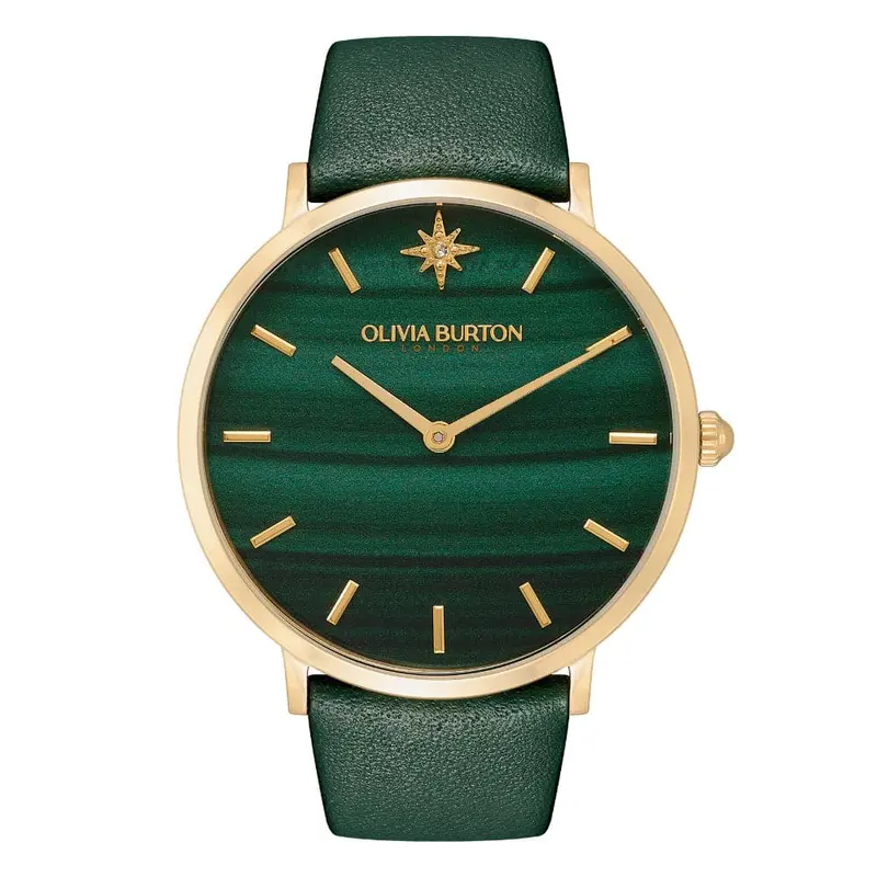 Olivia Burton Celestial Faux Malachite, Gold & Green Leather Strap Women Watch 24000067 1