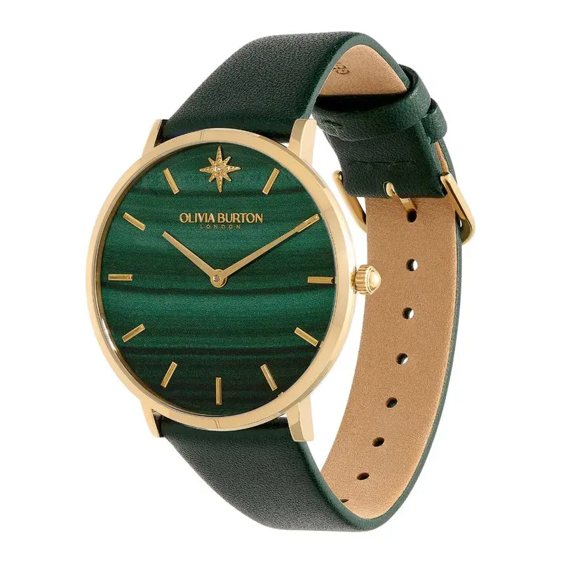 Olivia Burton Celestial Faux Malachite, Gold & Green Leather Strap Women Watch 24000067 2