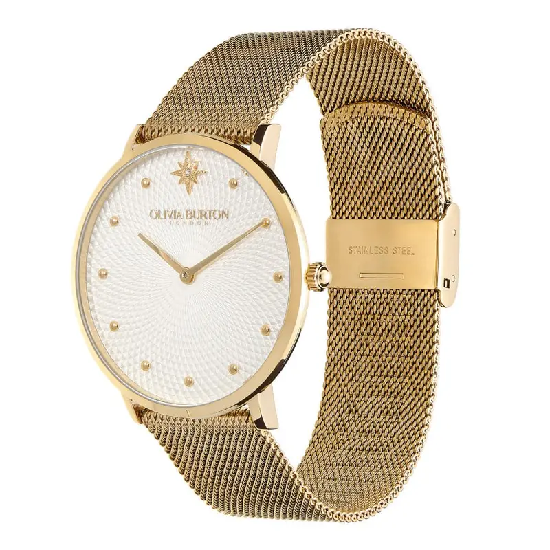 Olivia Burton Celestial Ultra Slim Metallic White & Gold Mesh Women Watch 24000024 2