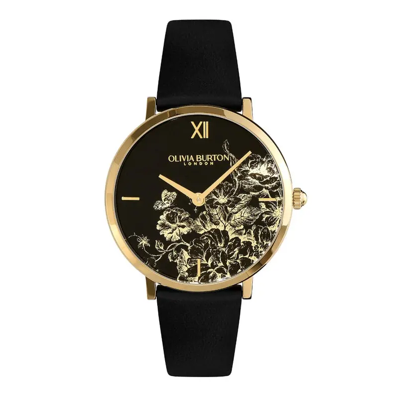 Olivia Burton Floral Blooms Ultra Slim Black Leather Strap Women Watch 24000112 1