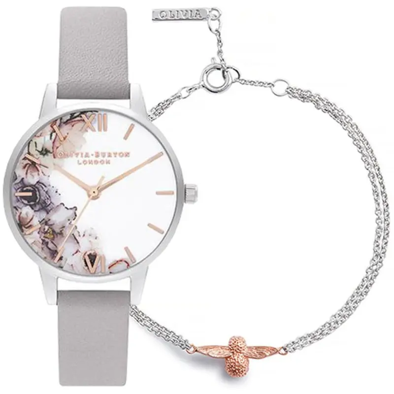 Olivia Burton Gift Set Gray Leather Strap Women Watch Obgset45 1