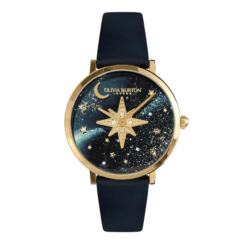 Olivia Burton Nova Ultra Slim Gold & Sapphire Blue Leather Strap Women Watch 24000081 1
