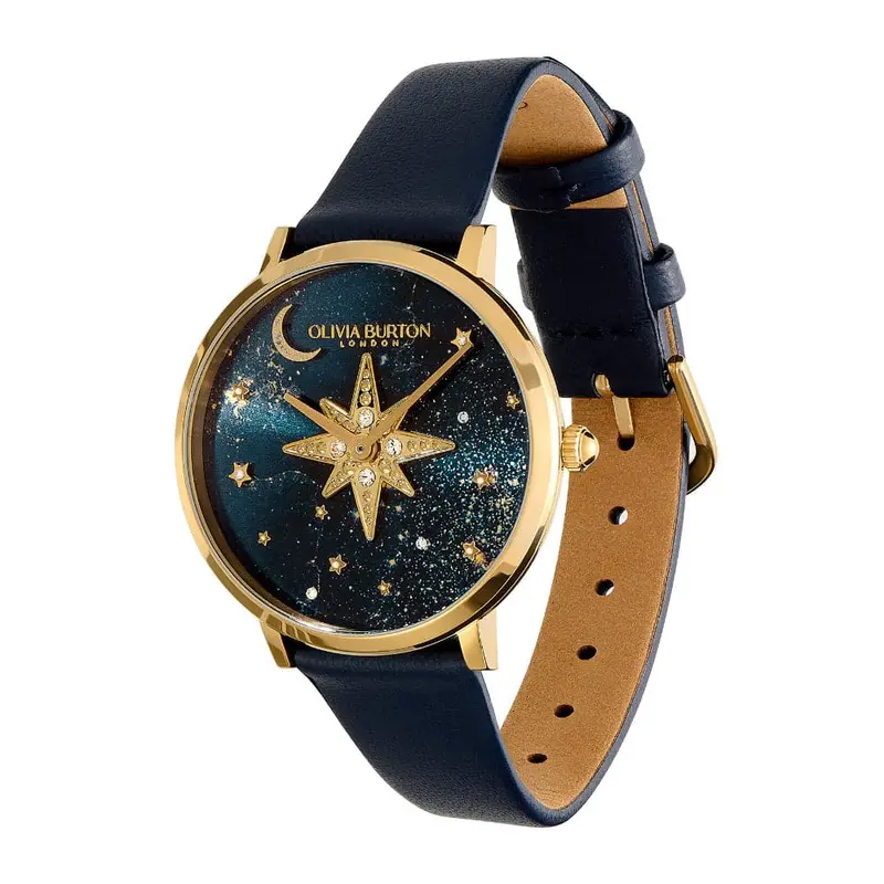 Olivia Burton Nova Ultra Slim Gold & Sapphire Blue Leather Strap Women Watch 24000081 2