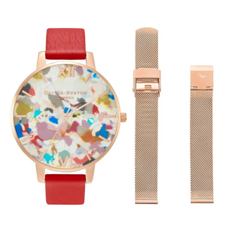 Olivia Burton  Pop Art Big Dial, Red Eco Vegan & Rose Gold Mesh Strap Women's Watch Gift Set Obgset152 1