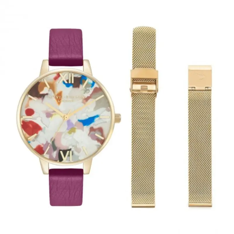 Olivia Burton  Pop Art Demi Dial, Orchid Eco Vegan & Pale Gold Mesh Strap Women's Watch Gift Set Obgset153 1
