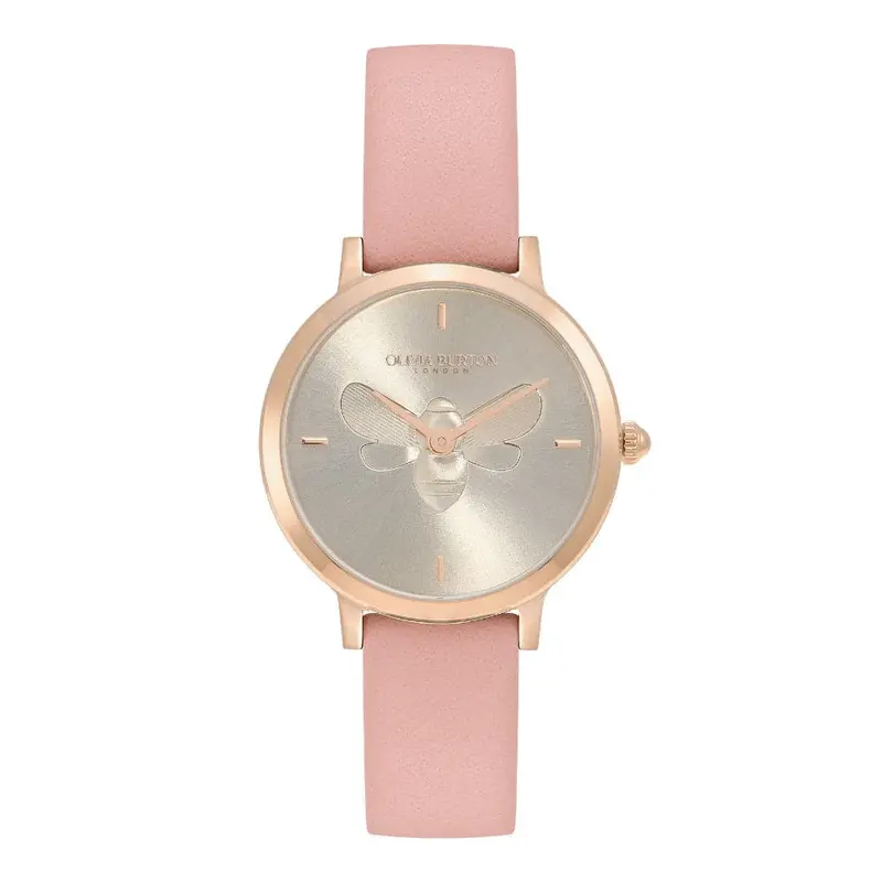 Olivia Burton Signature Bee Ultra Slim Carnation Gold & Blush Leather Strap Watch 24000018 1