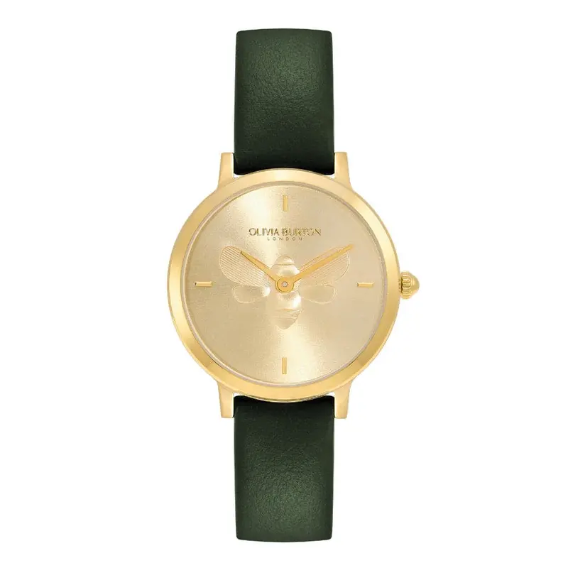 Olivia Burton Signature Bee Ultra Slim Gold & Green Leather Strap Women Watch 24000017 1