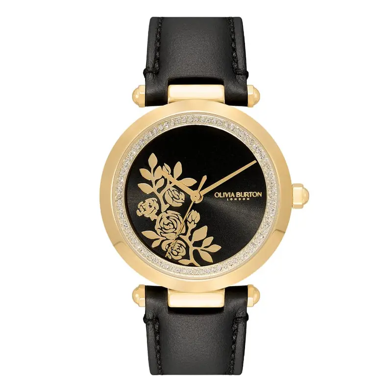 Olivia Burton Signature Floral T-Bar Gold & Black Leather Strap Women Watch 24000064 1