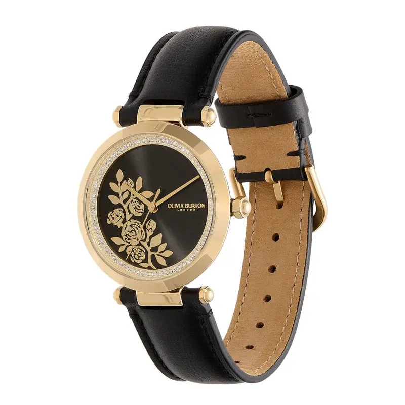 Olivia Burton Signature Floral T-Bar Gold & Black Leather Strap Women Watch 24000064 2