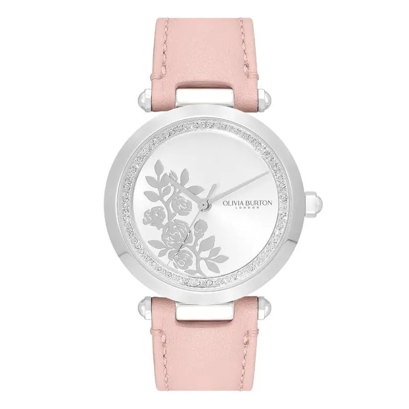 Olivia Burton Signature Floral T-Bar Silver & Rose Leather Strap Women Watch 24000046 1