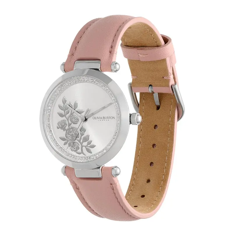 Olivia Burton Signature Floral T-Bar Silver & Rose Leather Strap Women Watch 24000046 2