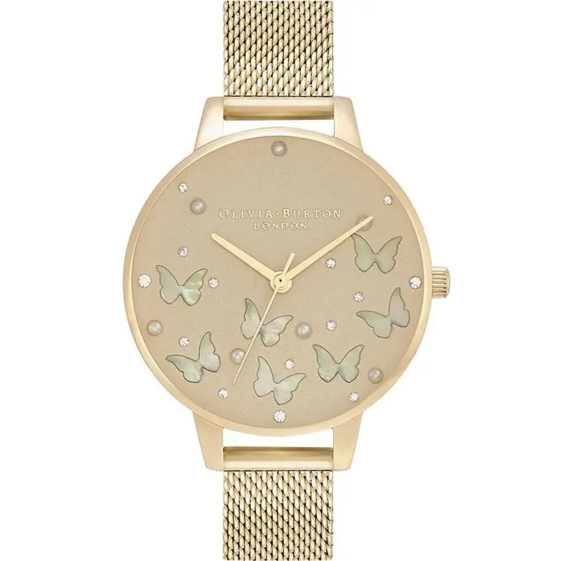 Olivia Burton Sparkle Butterfly Demi Grey Dial White Mother Of Pearl Butterflies Gold Mesh Ob16mb37 1