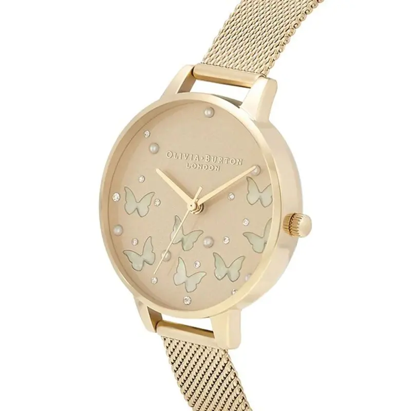 Olivia Burton Sparkle Butterfly Demi Grey Dial White Mother Of Pearl Butterflies Gold Mesh Ob16mb37 2