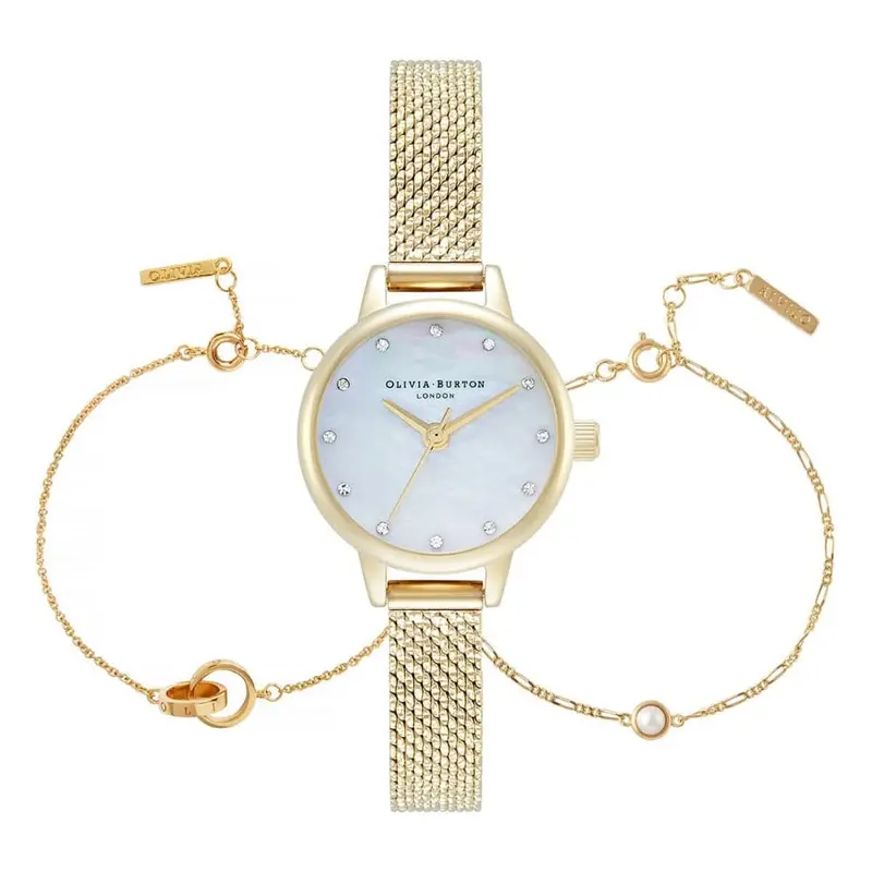 Olivia Burton White & Gold Mesh Watch & Interlink & Pearl Bracelet Gift Set Obgset167 1