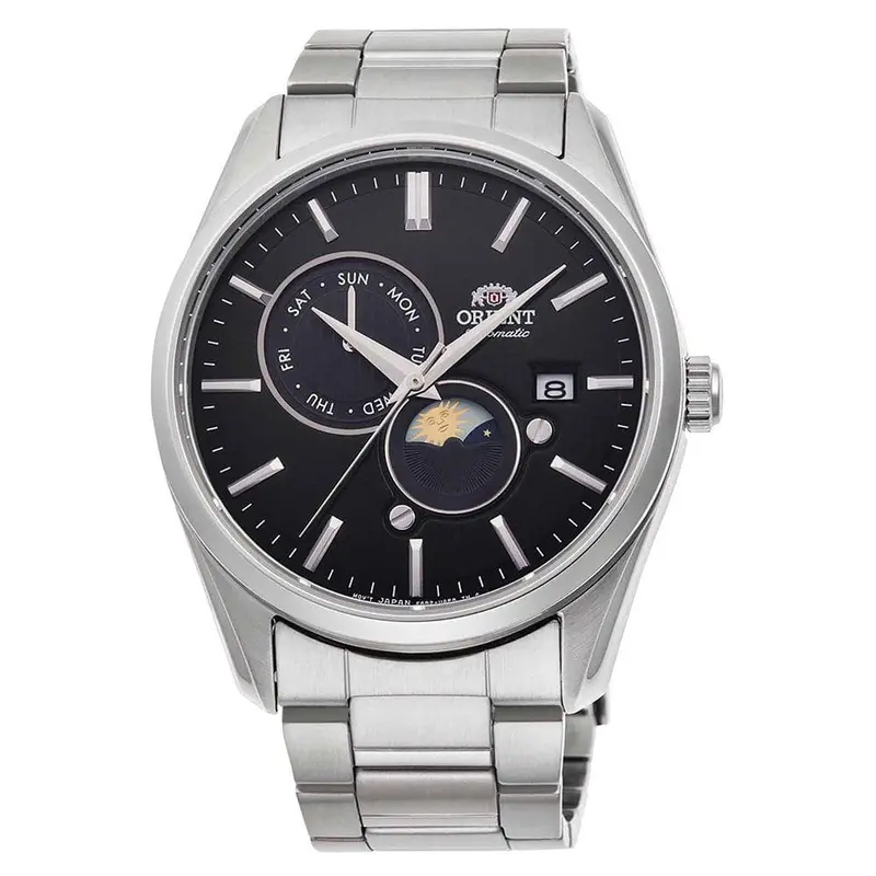 Orient Moon Phase Black Dial Silver Stainless Steel Strap Unisex Watch Ra-Ak0307b10b 1